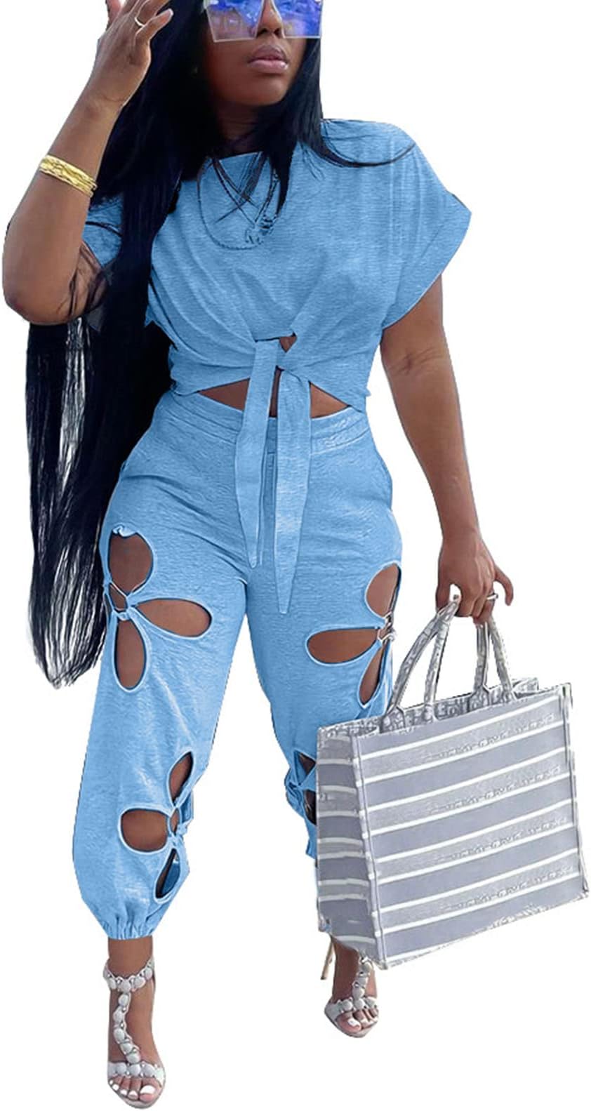 KEYUFANG Women 2 Piece Outfits Set Casual Crop Top Shirt Hollowed Out Sweatpants Women Fashion Tracksuit