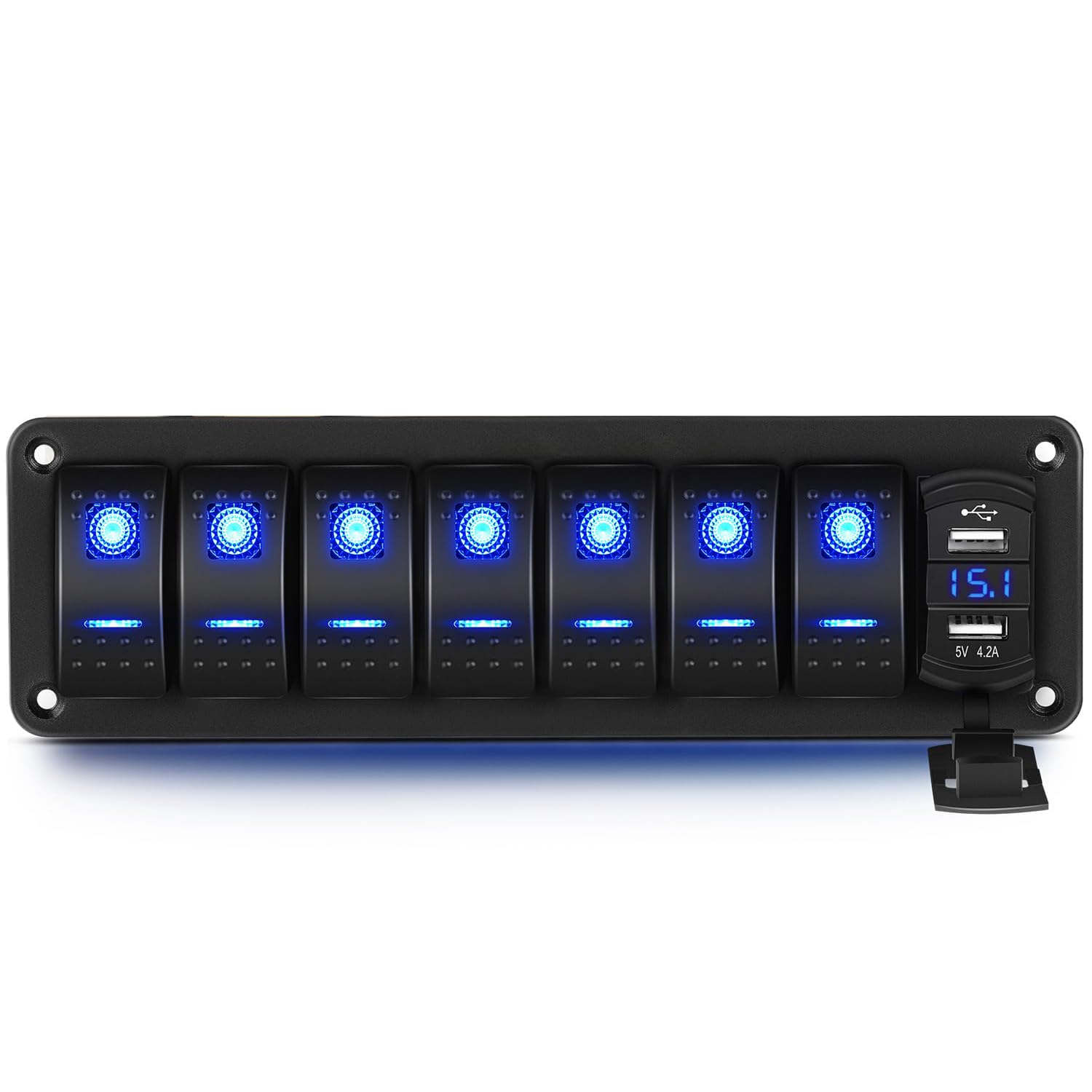 Greluma Pannello interruttori a bilanciere a 7 bande in alluminio con voltmetro e doppia USB (4,2A),ricarica rapida,LED retroilluminato,precablato IP65 impermeabile per nautica,barca,auto,camion(blu)