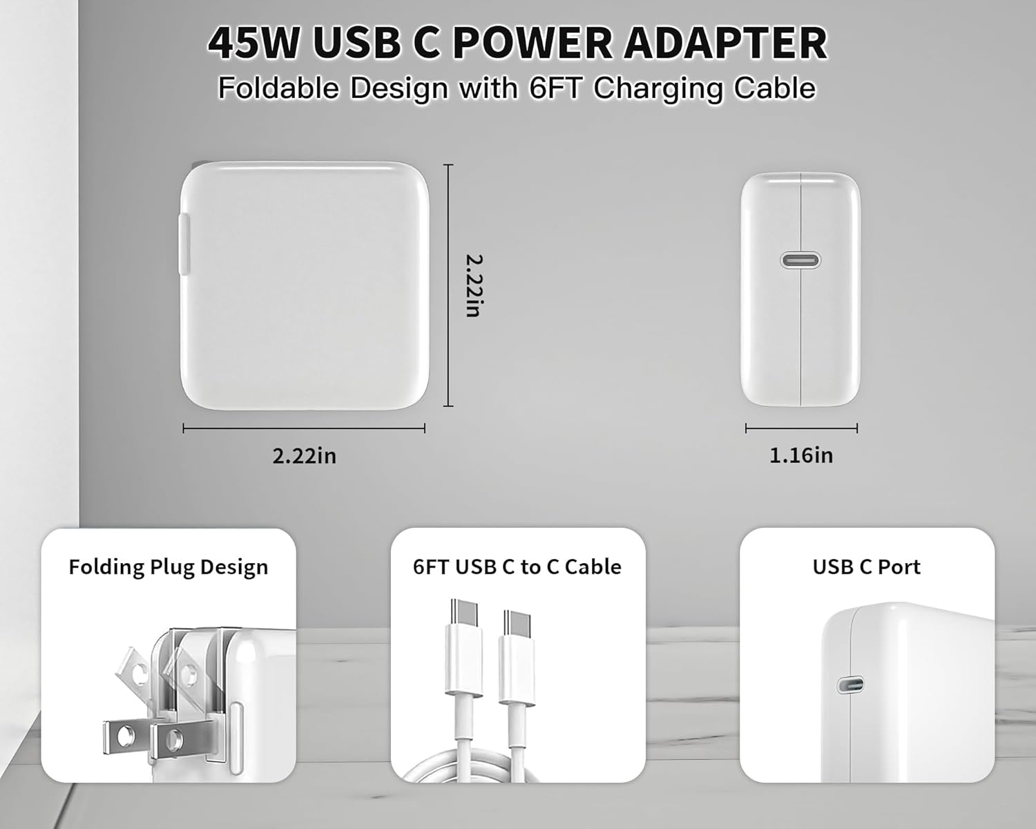 Mac Book Pro Charger - 45W USB C Fast Charger Power Adapter for USB C Port MacBook Air 13 15 inch /MacBook Pro 14 16 inch, iPhone 17/ 16/ 15, iPad Pro, and All USBC Devices, 6FT Type-C Cable Included