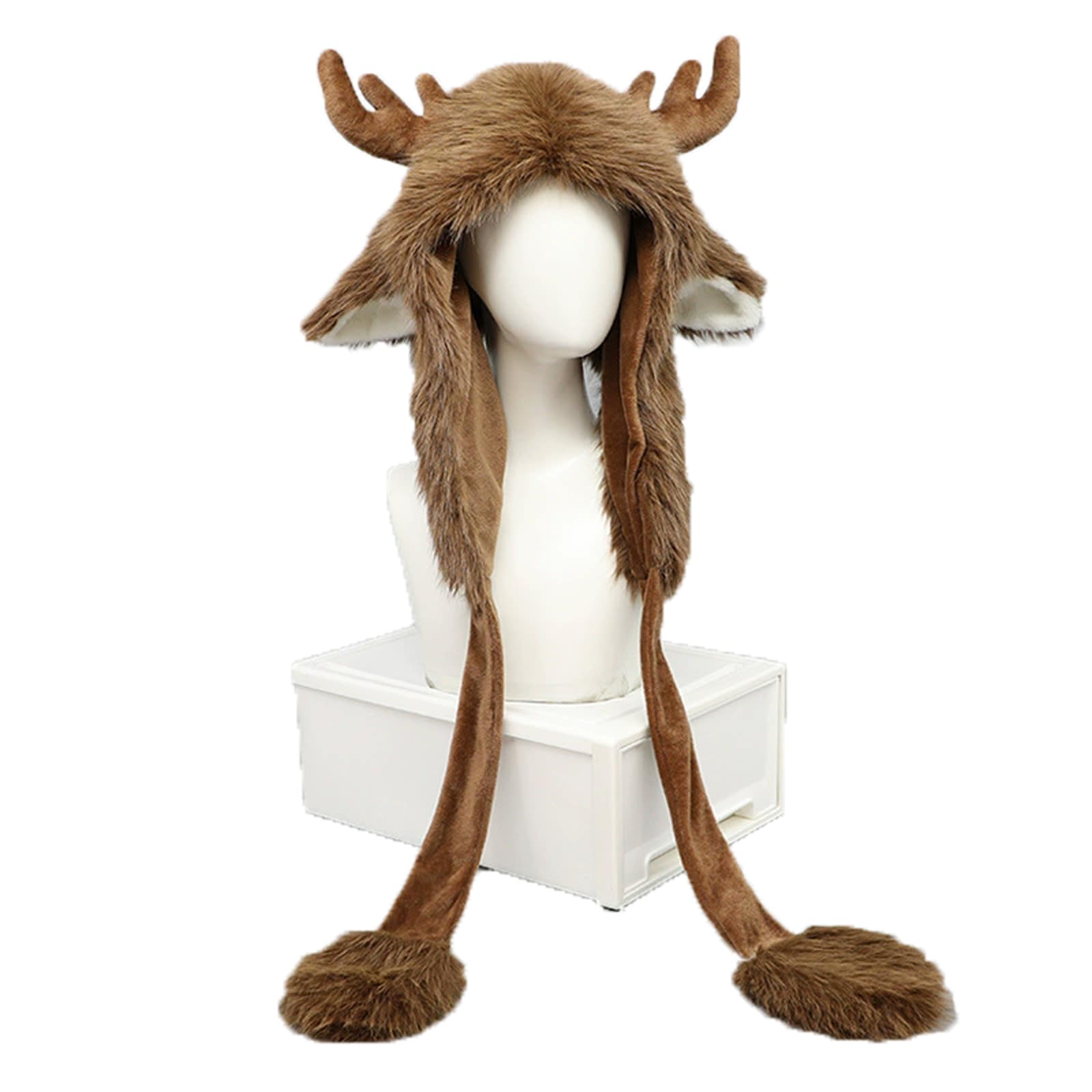 Fuzzy Faux Fur Moose Hooded Hats Men Women Teens Cosplay Halloween Lolita Elk Ear Headwear Funny Animal Theme Earflap Skull Caps Christmas Reindeer Costume Full Hood Hat Supplies - Image 2