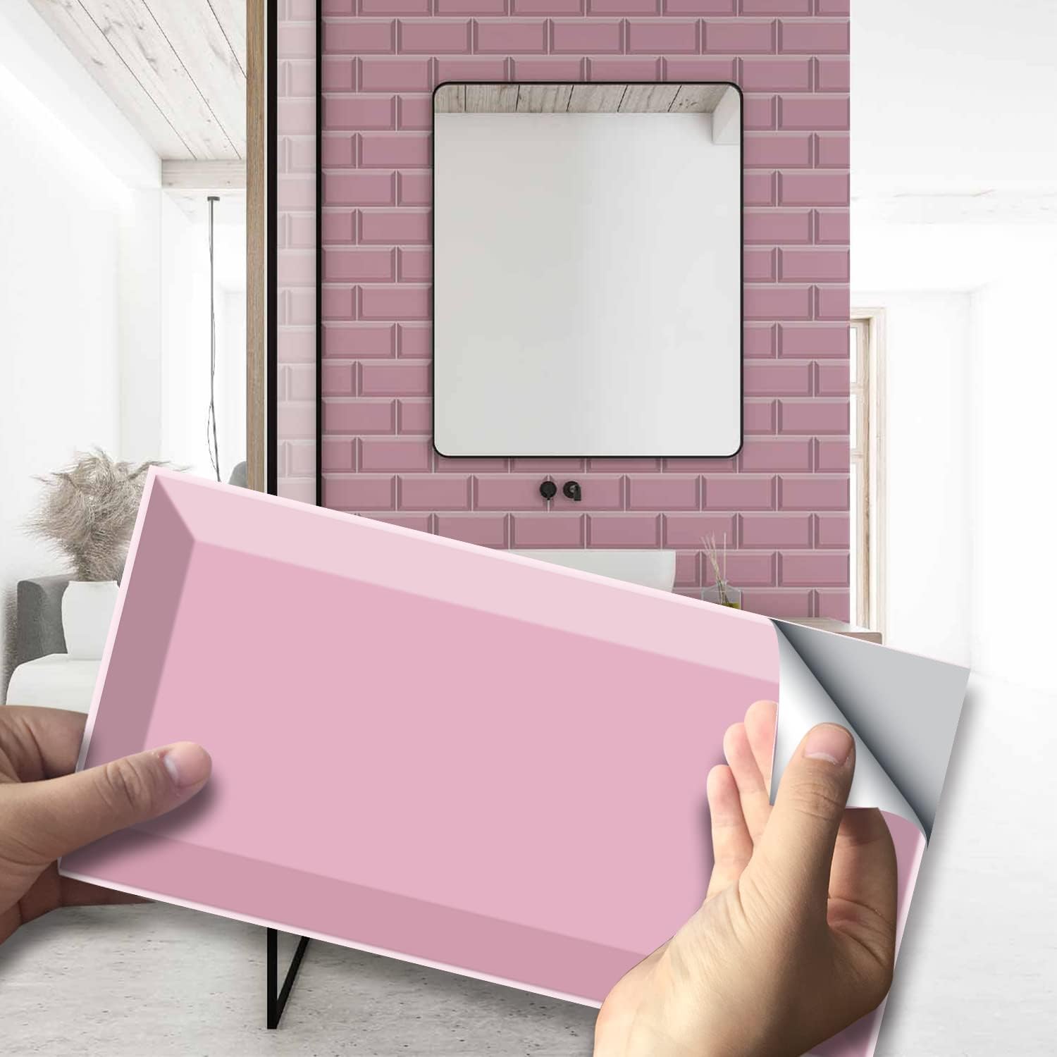 27Pcs Alwayspon Wall Tile Transfers Sticker for Home Decor, Peel and Stick Self-Adhesive Splashback, Stick on Tile Decals for Living Room Kitchen Bathroom Decor, Pink