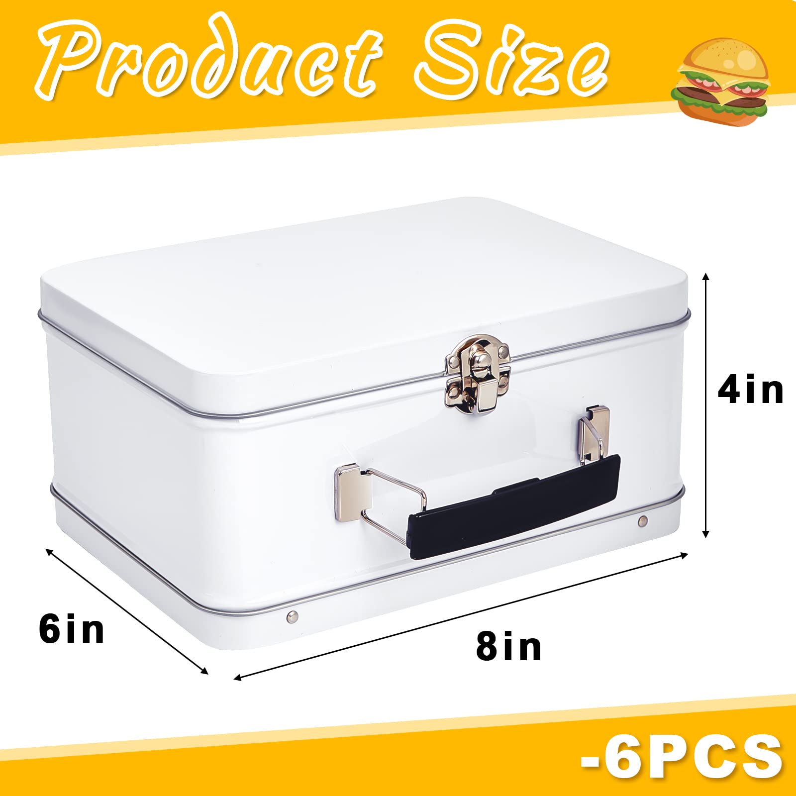 6 Pack DIY Lunch Box Tin Retro Set 8 x 6 x 4 inches with Hinged Lids DIY Large Fun Box for Storage Blank Design Vintage Metal Lunch Box for Kids Sandwich Containers (White)