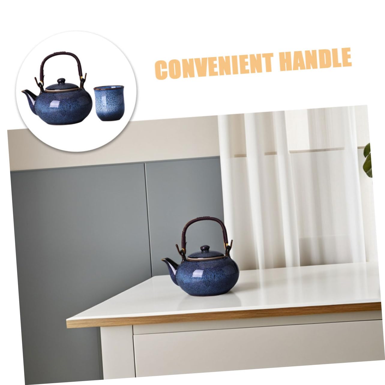 GALPADA Té con Tetera y Asa de Cerámica Esmaltada al Horno Incluye Tazas Hogar Oficina Estilo Chino Tradicional para Adultos