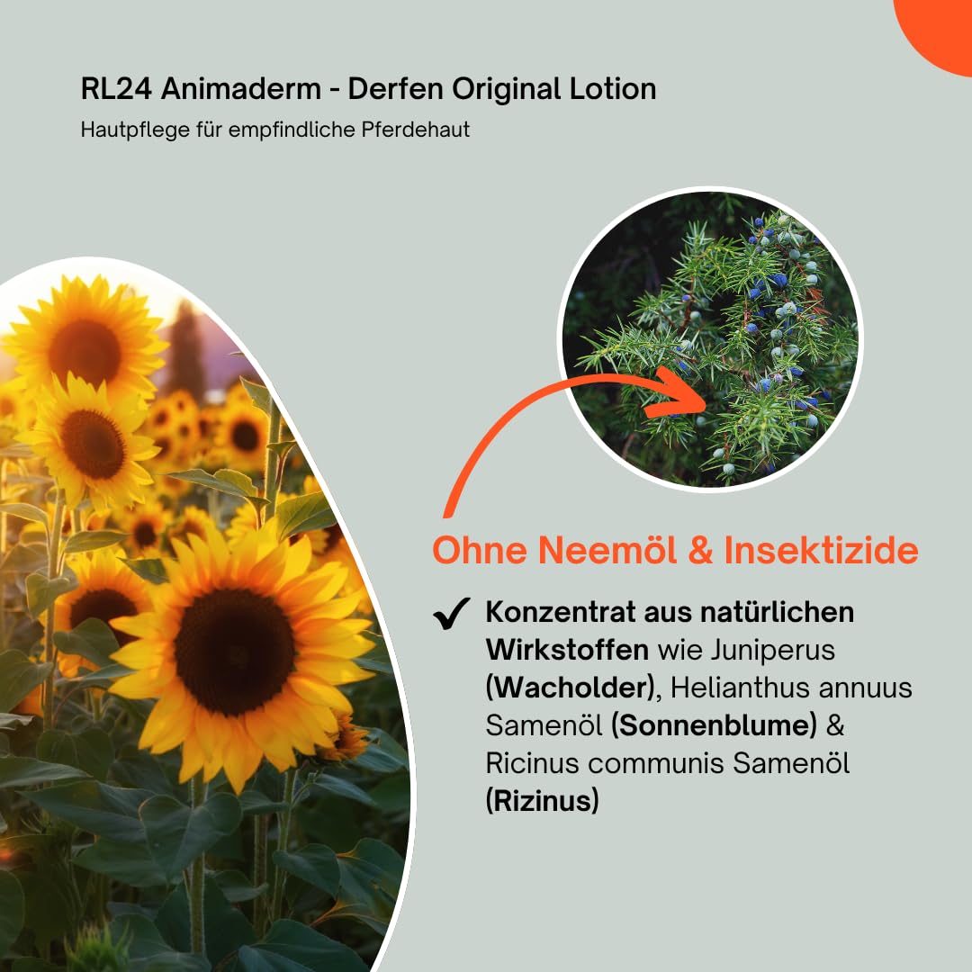 RL24 Animaderm - Derfen Original Lotion – Hautpflege für empfindliche Pferdehaut – Hautlotion für Sommerdermatitis – bei gereizter Haut & Juckreiz – Pferdepflege – 1 x 250 ml