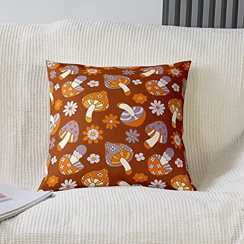 Mushroom Square Cushion Covers Set Of 1 Groovy Flower Throw Pillowcases For Sofa Couch Chair Retro Botanical Boho Reversible Throw Pillow Covers For Vintage Psychedelic 18 X 18-Inch #TOP1