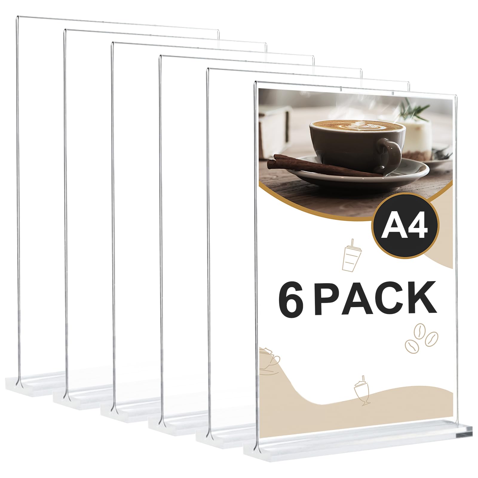 Samamoca 6 Pack A4 Acrylic Sign Holder,Clear Poster Menu Holders, A4 Stands Display Holder,Double Side Display Acrylic Sign Holder,T-Shape Perspex Display Holder for Office Shop Restaurant School