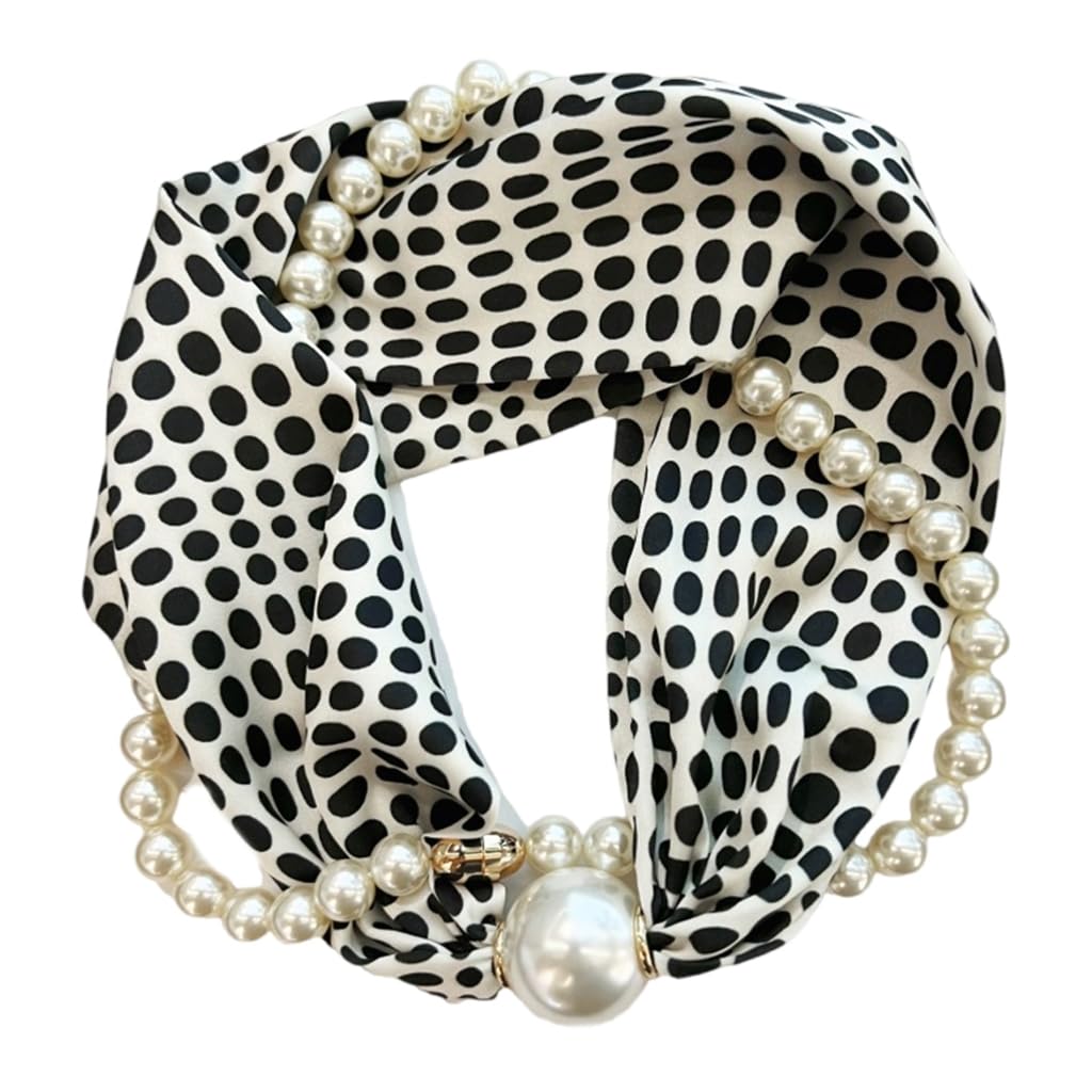QUEENYARD Women Scarf, Magnetic Clasp Pearls Chain Necklace Floral Satins Scarf Elegant Silk Skinny Narrow Neckerchief for Fashionable Women