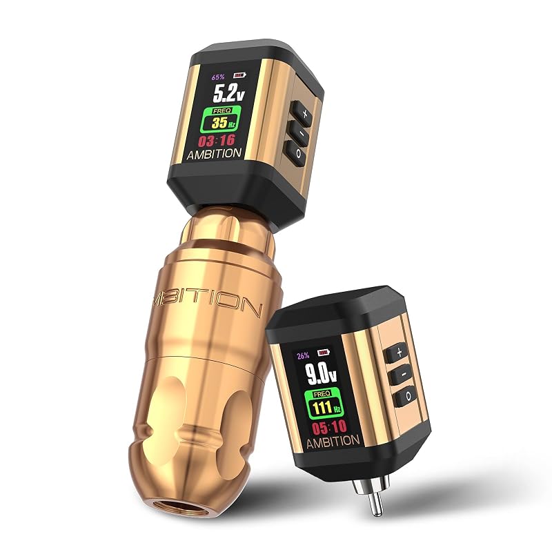 Máquina de Tatuagem Rotativa Ambition Lutin com 2 fontes de alimentação Korall, bateria de 2200 mAh, motor brushless e cabo RCA