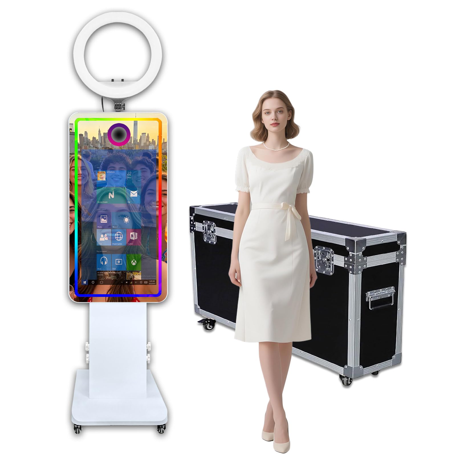 Magic Mirror Fotobudka z oświetleniem wypełniającym i ekranem dotykowym 32 cali, wbudowany mini PC, światło RGB i udostępnianie na imprezę, wesele, wypożyczalnia (fotobudka)