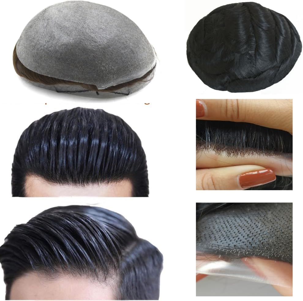 Hairnotion 0.04-0.06MM Thickness Super Thin Skin Front 1/8" V-looped Human Hair Toupee for Men (1#)