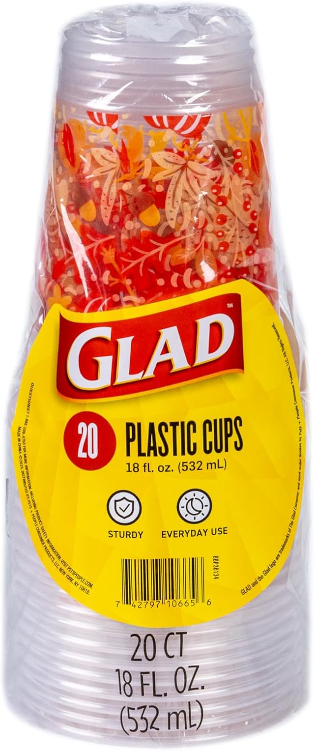 Glad Everyday Clear Plastic Cups with Fall Leaf Print - Strong and Sturdy Cup for All Occasions, Holds 18 Ounces - 18 Ounce, 20 Count - 6 Pack - Image 2