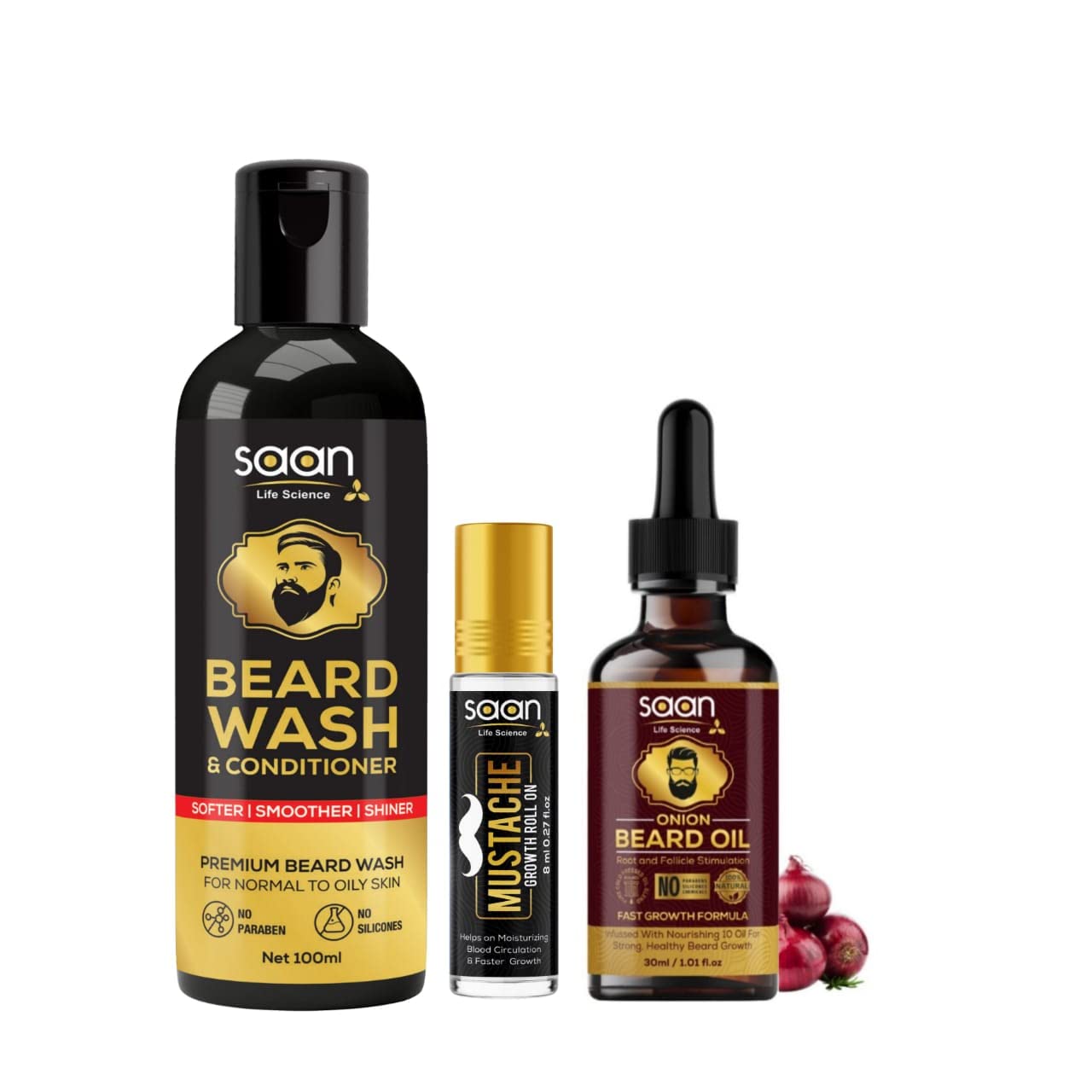 SAAN Beard Care Kit Onion Beard Growth Oil, Mustache Growth Oil Roll On, Beard Wash & Conditioner for Faster Growing Beard | 100% Natural Oil | Deep Nourishment | Softens