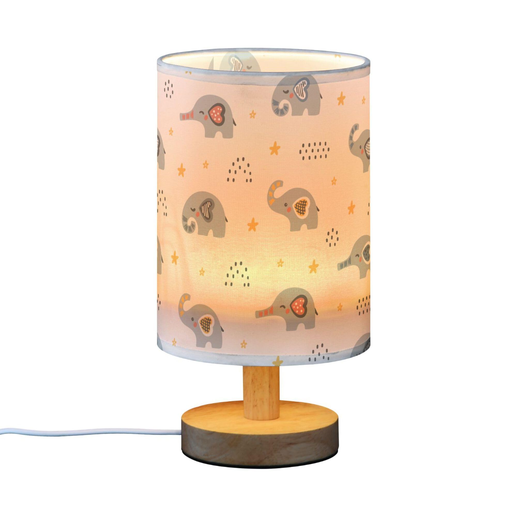 YYZZH Table Lamp Cute Baby Elephant Pattern Star Dot Doodle Cartoon Animal Design Nightstand Lamp with Wood Base Fabric Lamp Shade Bedside Desk Lamp for Living Room Bedroom Kids Room Office