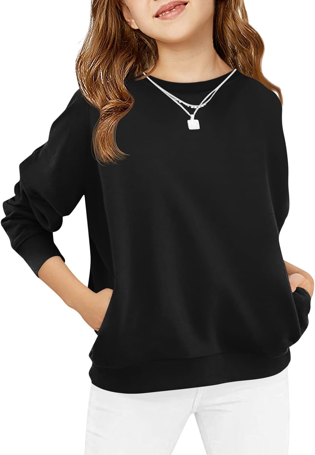 Haloumoning Girls Long Sleeve Sweatshirts Kids Casual Crewneck Loose Fit Pullover with Pockets 5-14 Years