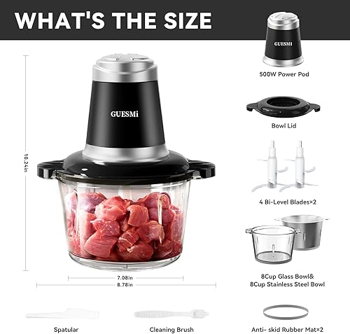 Miniatura 7 de Procesadores de alimentos, potente picadora de alimentos de 500 W y picadora de verduras con 2 cuencos (8 tazas + 8 tazas) y 2 cuchillas de dos