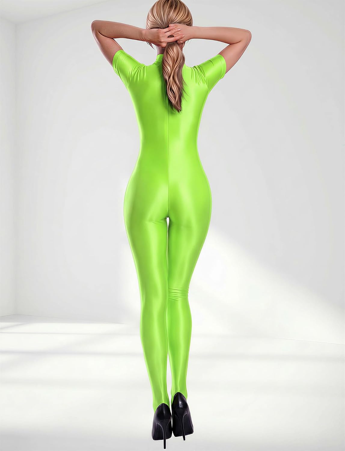 FEOYA Women's Oil Shiny Bodysuit See Through Glossy Sheer Short Sleeve Catsuit Zipper Jumpsuits