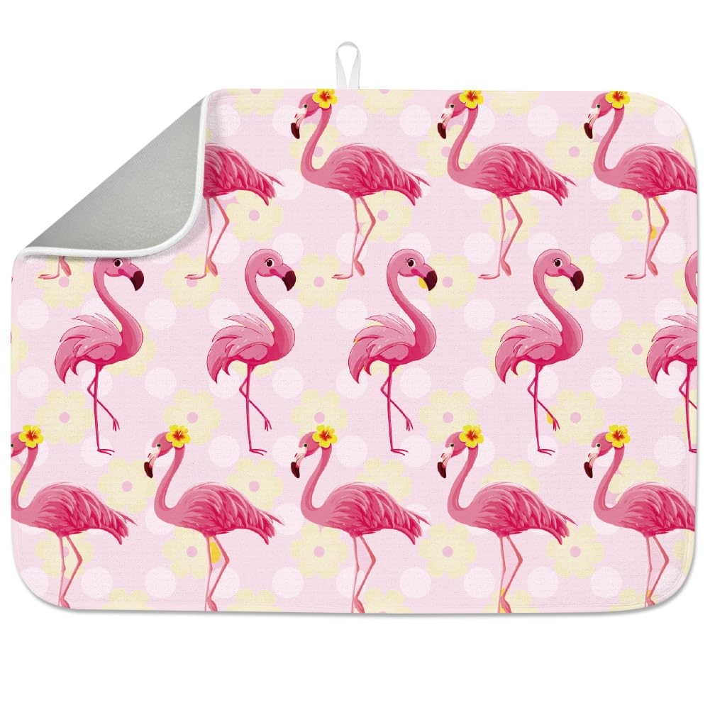 INFUNLY Pink Flamingo Dish Drying Mat for Kitchen Counter 18"X24" Flowers Printed Absorbent Dish Draining Mat Large Modern Heat Resistant Coffee Bar Mats for Table Faucet Sink Coffee Bar Refrigerator