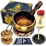 Namastey – Set de Cuenco Tibetano Ø10 cm Martilleado a Mano – Campanas tibetanas Tingsha, Quemador e Incienso de Cuerda en Caja de Lokta – Accesorios de Meditación y yoga – Hecho a Mano en Nepal