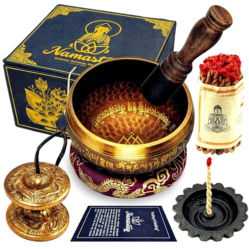 Namastey – Set de Cuenco Tibetano Ø10 cm Martilleado a Mano – Campanas tibetanas Tingsha, Quemador e Incienso de Cuerda en Caja de Lokta – Accesorios de Meditación y yoga – Hecho a Mano en Nepal