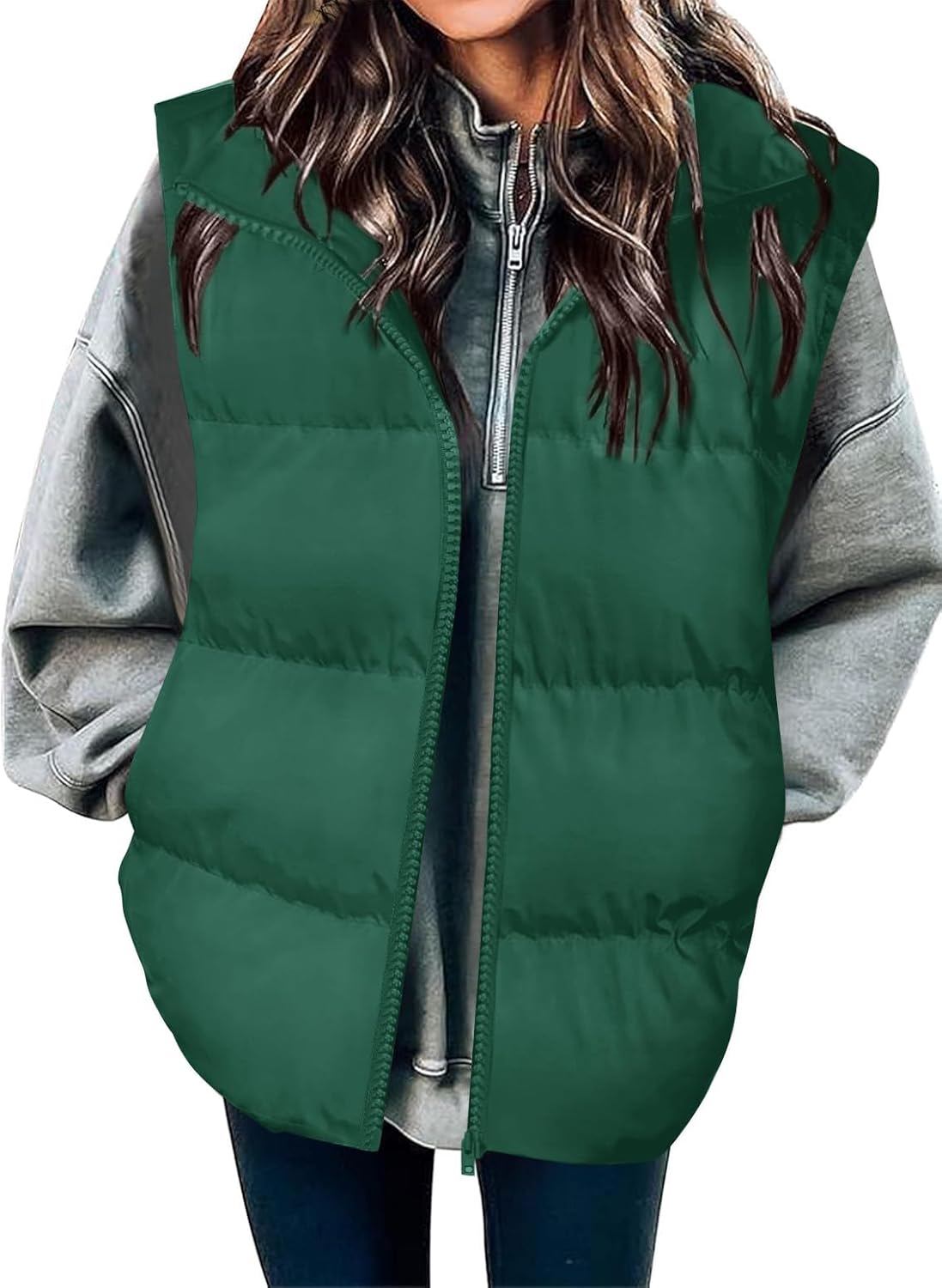 Zeagoo Puffer Vest Women Sleeveless Lightweight Quilted Jacket Stand Collar Zip Up Down with Pockets Winter Outerwear 2025 Green X-Large
