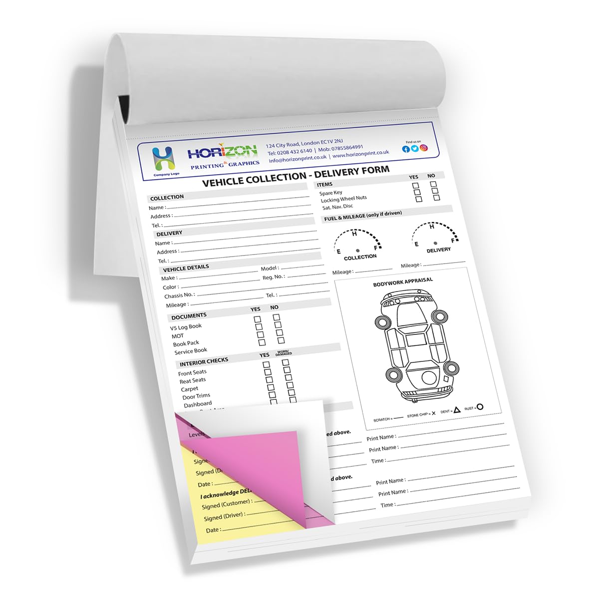 Custom Printed A4 Triplicate Vehicle Collection - Delivery Form, 50 Triplicate Sets, NCR Business Forms, Full Colour Printing