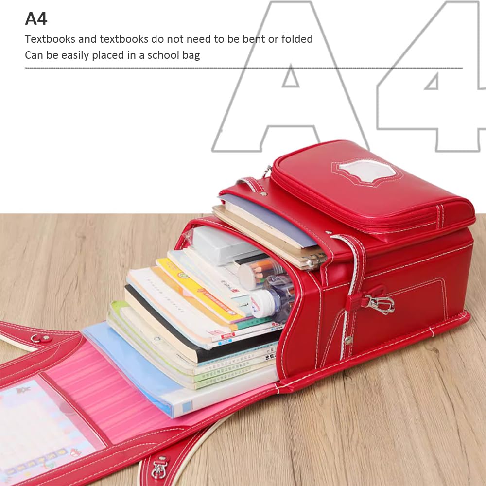 Ransel Randoseru Torba na dużą pojemność Skórzane japońskie torby szkolne Plecak lekki dla dziewcząt chłopców,Red,36 * 27 * 23CM
