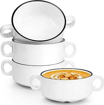 300ml Soup Bowls with Handle Set of 4, Ceramic White French Onion Soup Bowls, Individual Cereal Bowls for Potato Soup,Porridge, Pasta, Dessert, Pie, Butter Oven Microwave Dishwasher Safe