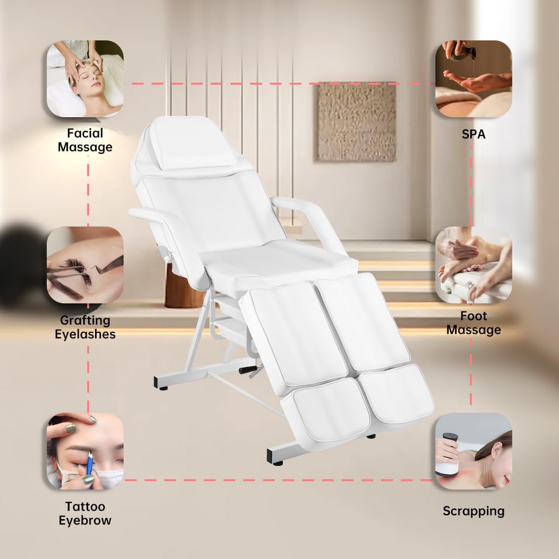 Facial Chair with Stool, Tattoo Chair Adjustable Tattoo Bed for Client Massage Table with Stool Massage Table Facial Bed for Spa Beauty White