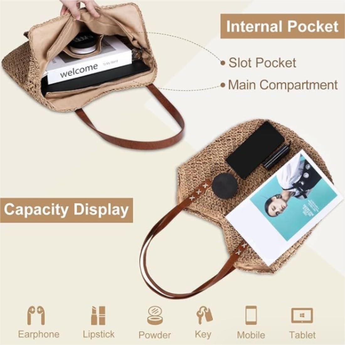 Bolso Paja Mujer Verano Bolso De Paja para Mujer, Bolso De Playa De Verano, Bolso De Mano Tejido Suave, Ratán Grande Bolso de Playa(Color:B)