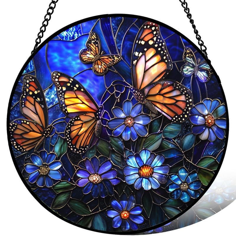 Stained Glass Window Hanging， Monarch Butterfly and Blue Flower Sun Catchers Indoor Window， core Decor Inside and Outside The Cottage， Gifts for Women
