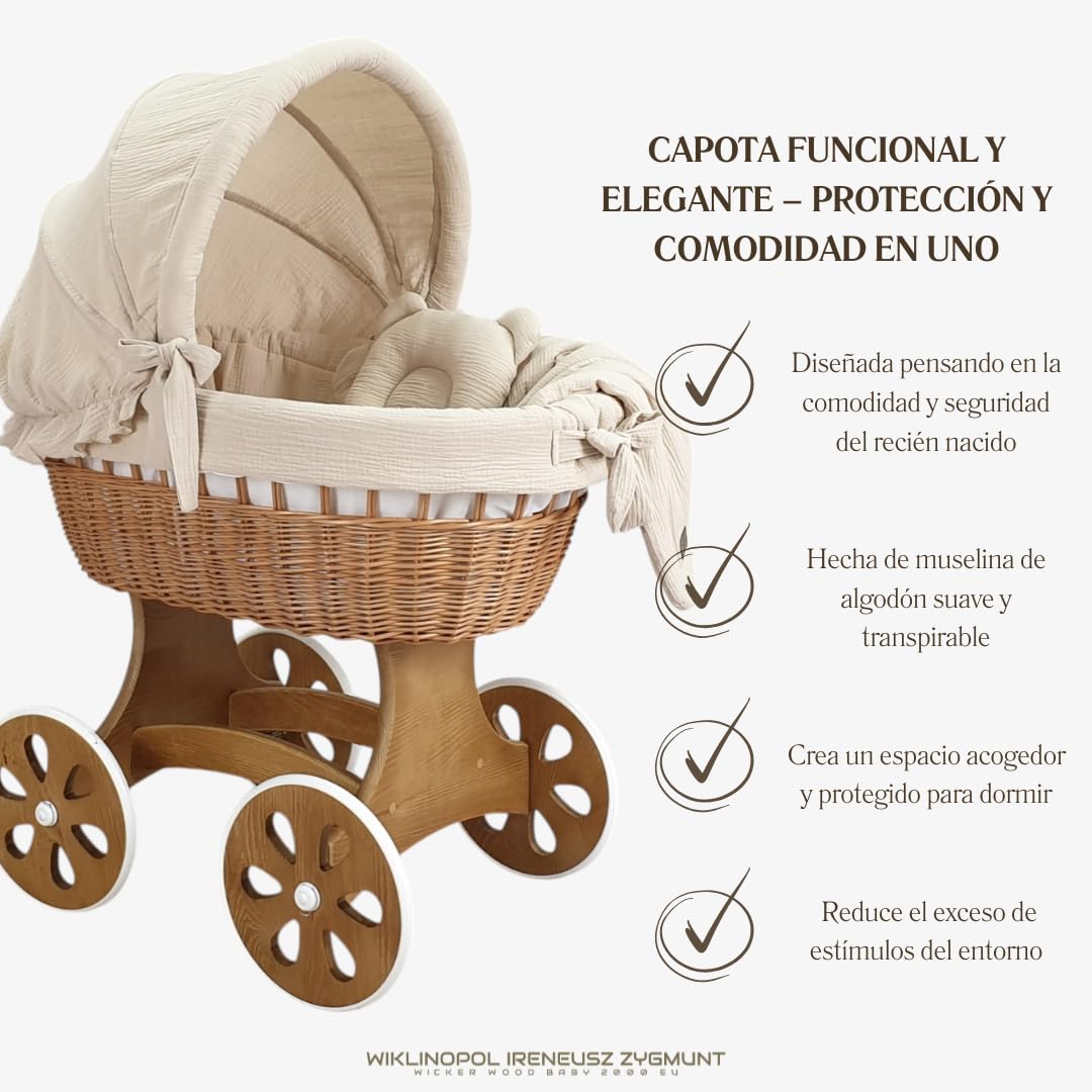 Wiklinopol Moisés de Mimbre para Bebé con Soporte de Madera y Ruedas Annabell – Cuna con Colchón y Ropa de Cama 5 Piezas Muselina Beige – Cochecito Natural para Recién Nacido
