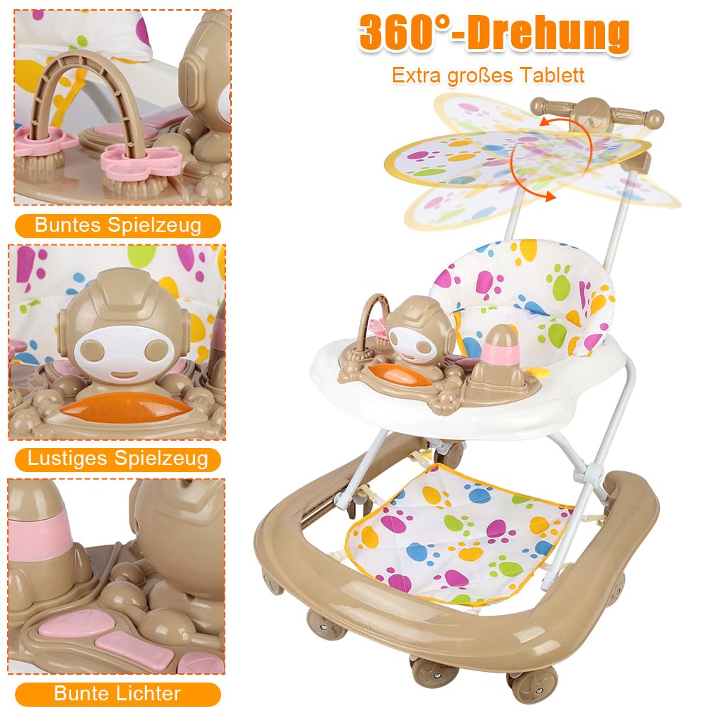 Compact Chats de l’Espace, Trotteur Bébé avec Siège à Rebond, Lumières, Musique et Jouets Interactifs, jusqu'à 20 kg, réglable, 6 Mois et Plus-62 * 68 * 36-81cm - Kaki