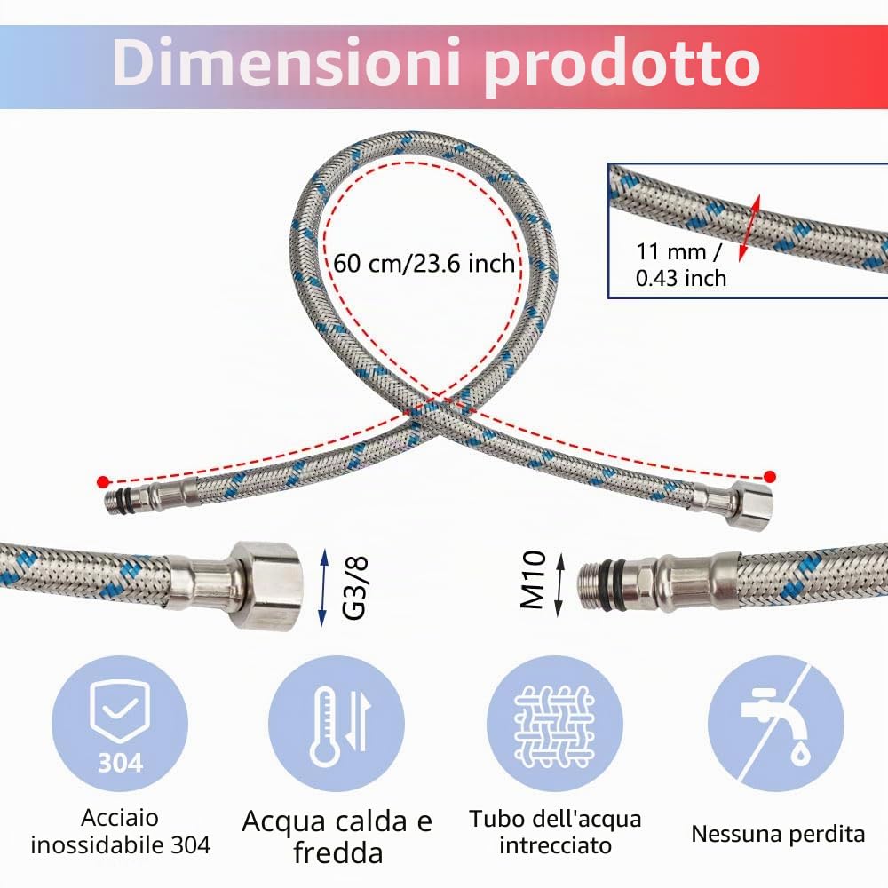 2 Pezzi Tubo di Collegamento per Rubinetto 60 cm, Flessibile per Miscelatori G3/8 x M10, Tubo Intrecciato 3/8 in Acciaio Inossidabile per Doccia, Lavandino