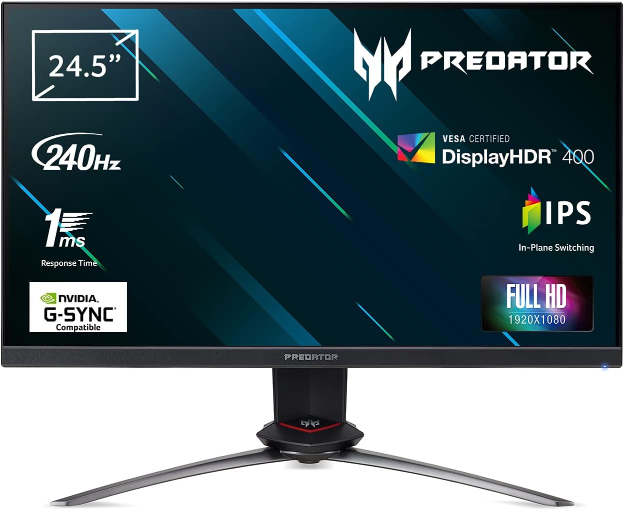 Acer Predator XB253QGXbmiiprzx 25 Inch Full HD Gaming Monitor (IPS Panel, G-Sync Compatible, 240 Hz, 1 ms, HDR 400, DP, HDMI, USB Hub, Height Adjustable, Black)