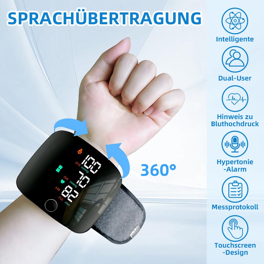 Tensiometro de Muñeca, Tensiometro Muñeca con LCD, Portátil Eléctricos Tensiómetro Digital, Manguito Ajustable 13,5-19,5 cm, Memoria para 99 x 2 Valores Medidos para Uso Doméstico y de Viaje