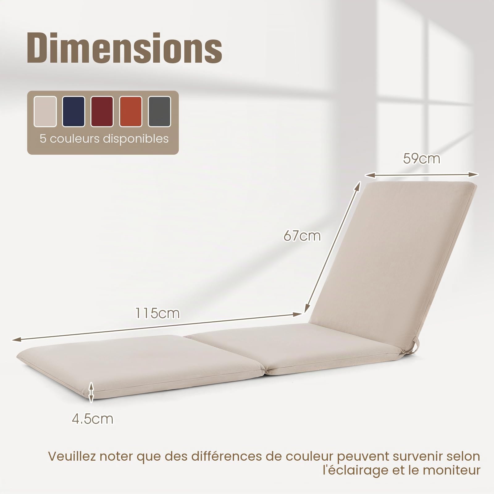 Giantex Coussin Bain de Soleil Lot de 2, Coussin Chaise Longue Pliant avec Attaches à Crochets et Boucles, Matelas Bain de Soleil pour Meubles de Patio Intérieurs et Extérieurs, 182 x 59 cm, Beige