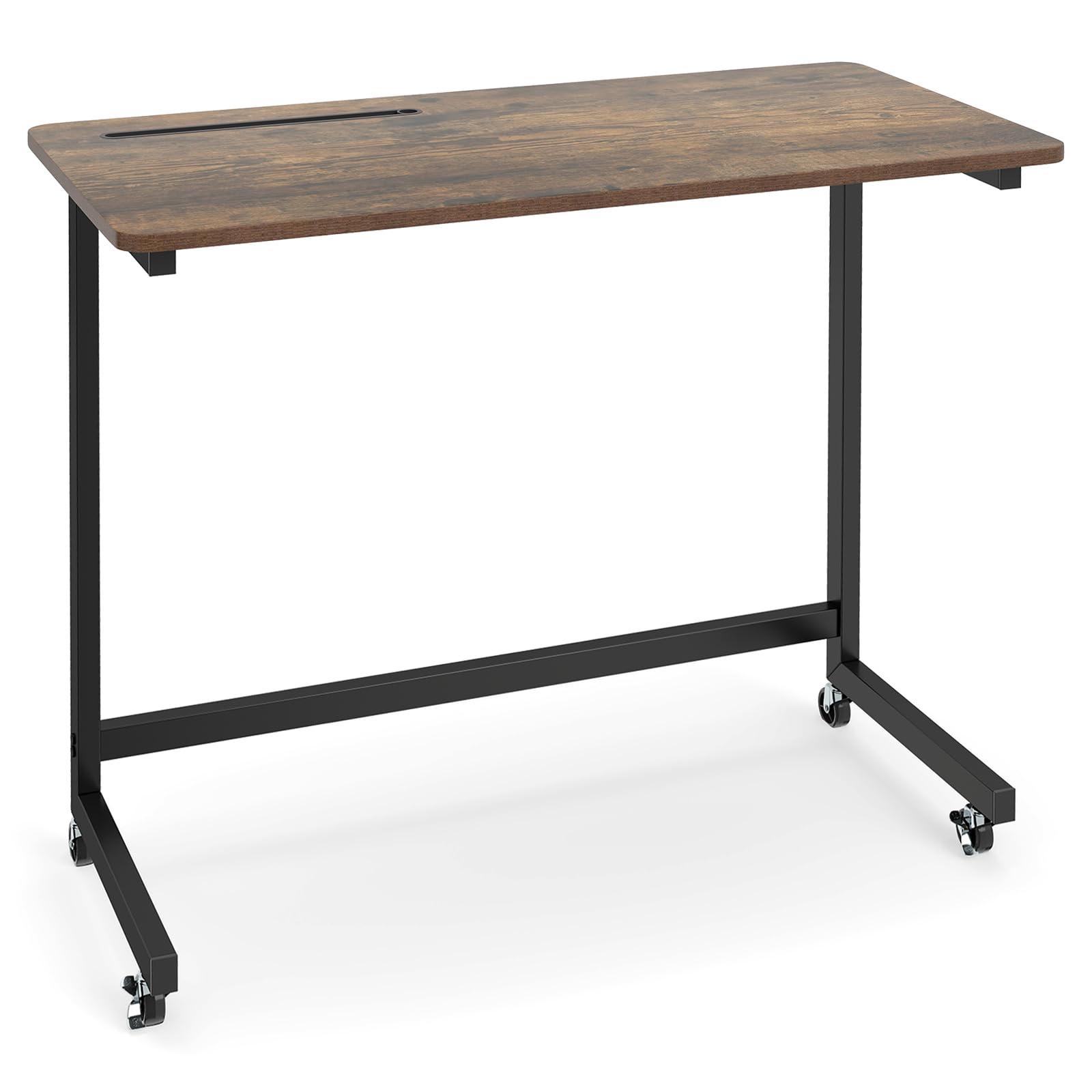 COSTWAY Mesa Auxiliar Ancha con Ruedas, Mesa Escritorio Móvil para Portátil con Ranura para Tablet, Mesa Auxiliar Sofá Forma de C, Estructura Metálica, para Salón y Cama, 80 x 40 x 75 cm, Industrial