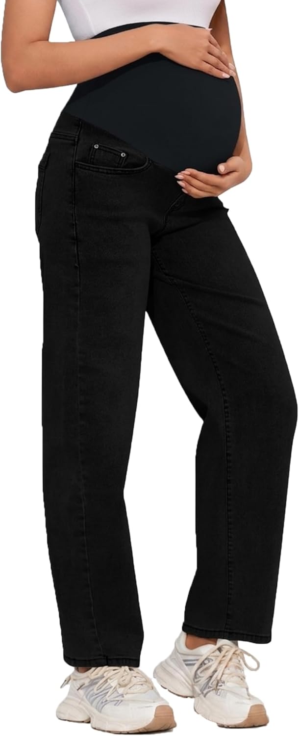 POSHGLAM Maternity Jeans Over Belly Barrel Jeans Wide Leg Pregnancy Denim Pants
