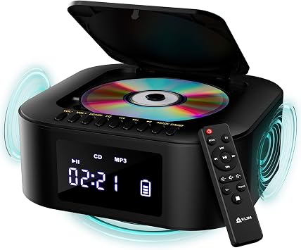 KLIM Boombox E1 Portable CD Player with Subwoofer Extra Bass, Bluetooth, FM Radio, USB, AUX, MP3 Rechargeable Battery, Wired & Wireless Modes, Remote Control Black/Gold