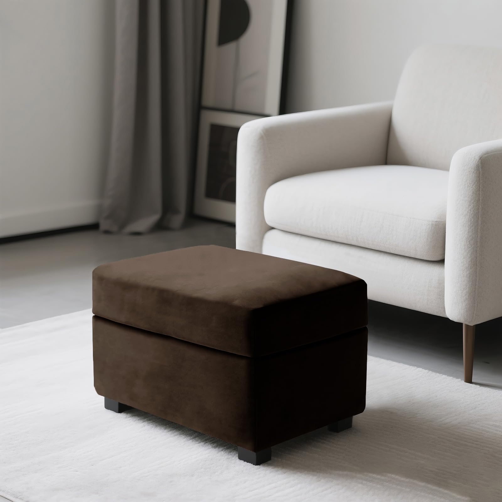 SYLC Ottoman Cover Stretch Velvet, Footstool Cover and Pouffe Cover Non-slip with Elastic Bottom/ties, Slipcover for Folding Storage Poofy Foot Stool (Dark brown,Rectangular Ottoman+Seat)