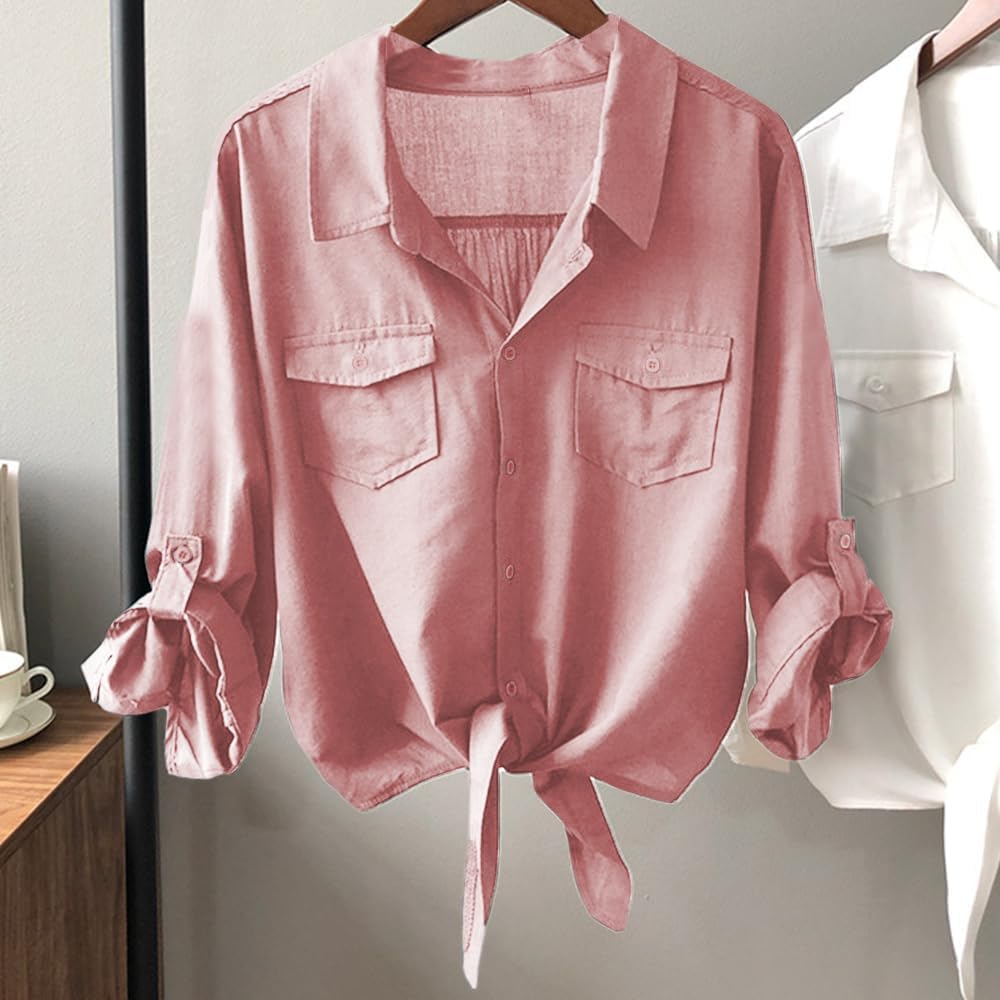 Womens Button Down V Neck Shirts 3/4 Sleeve Tie Front Loose Office Business Shirt Blouse Summer Casual Tops - Image 2