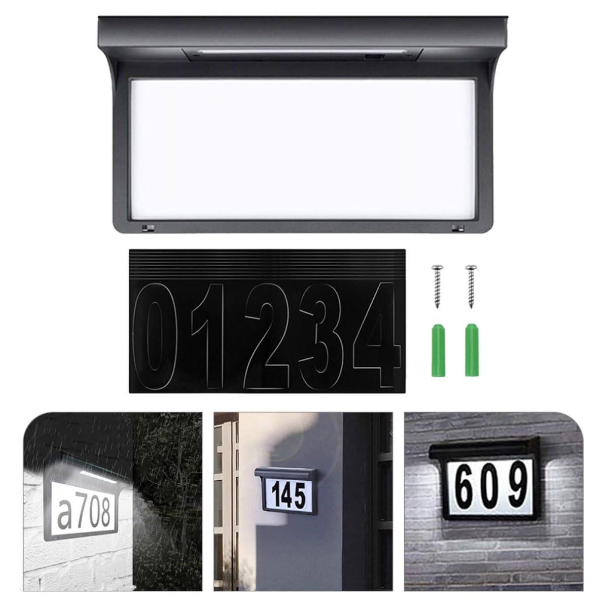 Targa Numero Civico Solare LED 6 Lampade 1, 2v 600mah per Esterni | Polisilicio e Plastica Nera, Controllo Luce, Copertura Ampia per Giardino e Cortile