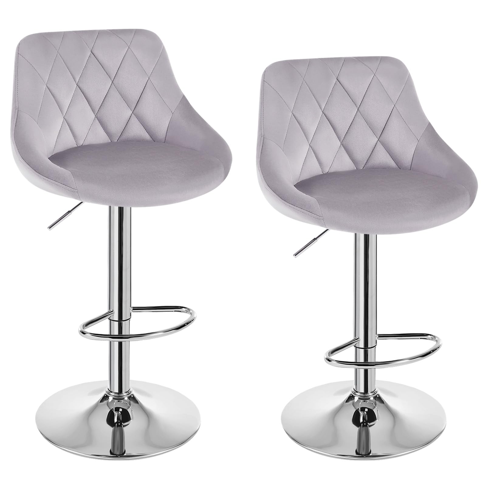 WOLTU Set de 2 Taburetes Altos Bar de Terciopelo con Reposapies Respaldo y Base Redonda de Metal, Gris Claro, BH138hgr-2