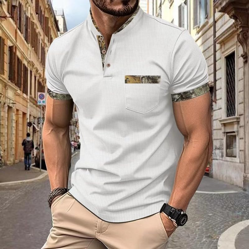 Men's casual short sleeved polo shirt street retro chest pocket stand up collar button splicing fashionable T-shirt4