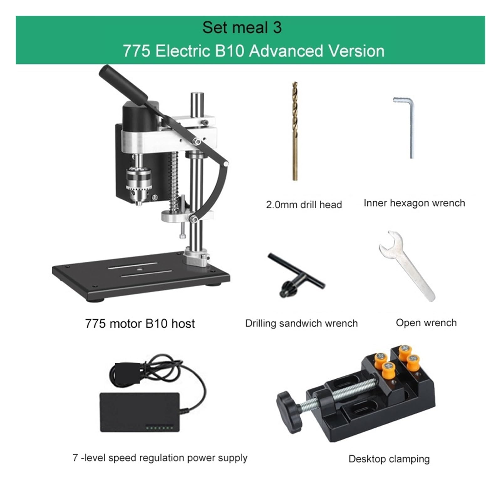 Perceuse à colonne, Mini Trapano A Colonna Piccolo Trapano Elettrico Con Regolazione A Velocità CC Trapano Da Banco Da Banco Supporto For Trapano Elettrico Di Precisione(Set meal 3)