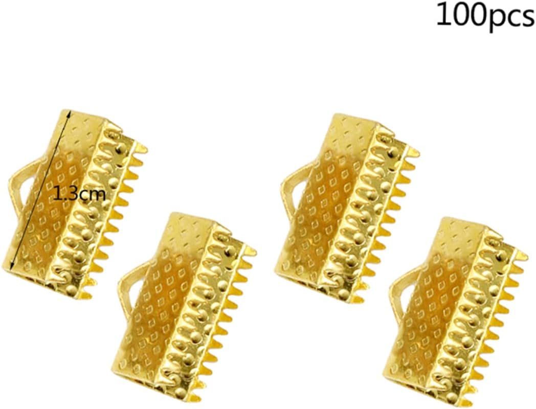100pcs Metal Clips 1.3cm Plated Ribbon Ends Fastener Clasps Textured Crimp End Clamps Cord Mazi Buckles Zipper Clips for Jewelry