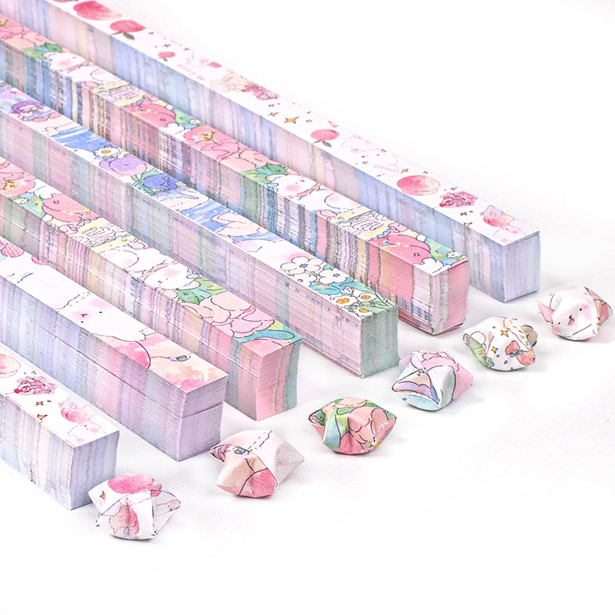 HASTHIP® 600-Count Lucky Star Papers, Cute Cartoon Star Origami Papers, 12 Designs, 10.2'' Double Sided Print Origami Star Strips, DIY Lucky Star Craft Gift, Birthday Gift