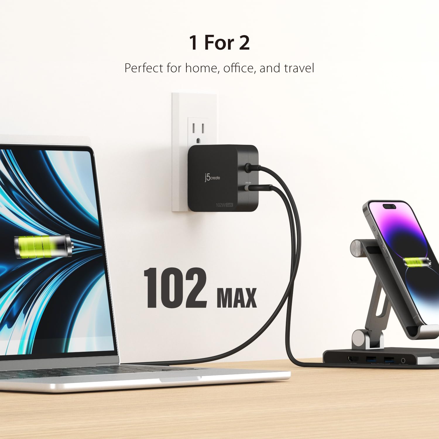 j5create 102W GaN Caricabatterie USB-C a 2 porte con adattatore da viaggio UE/UK/US/AU, compatibile con MacBook Pro/Air, iPhone 16/15, iPad, Galaxy S24 (JUP25102V)