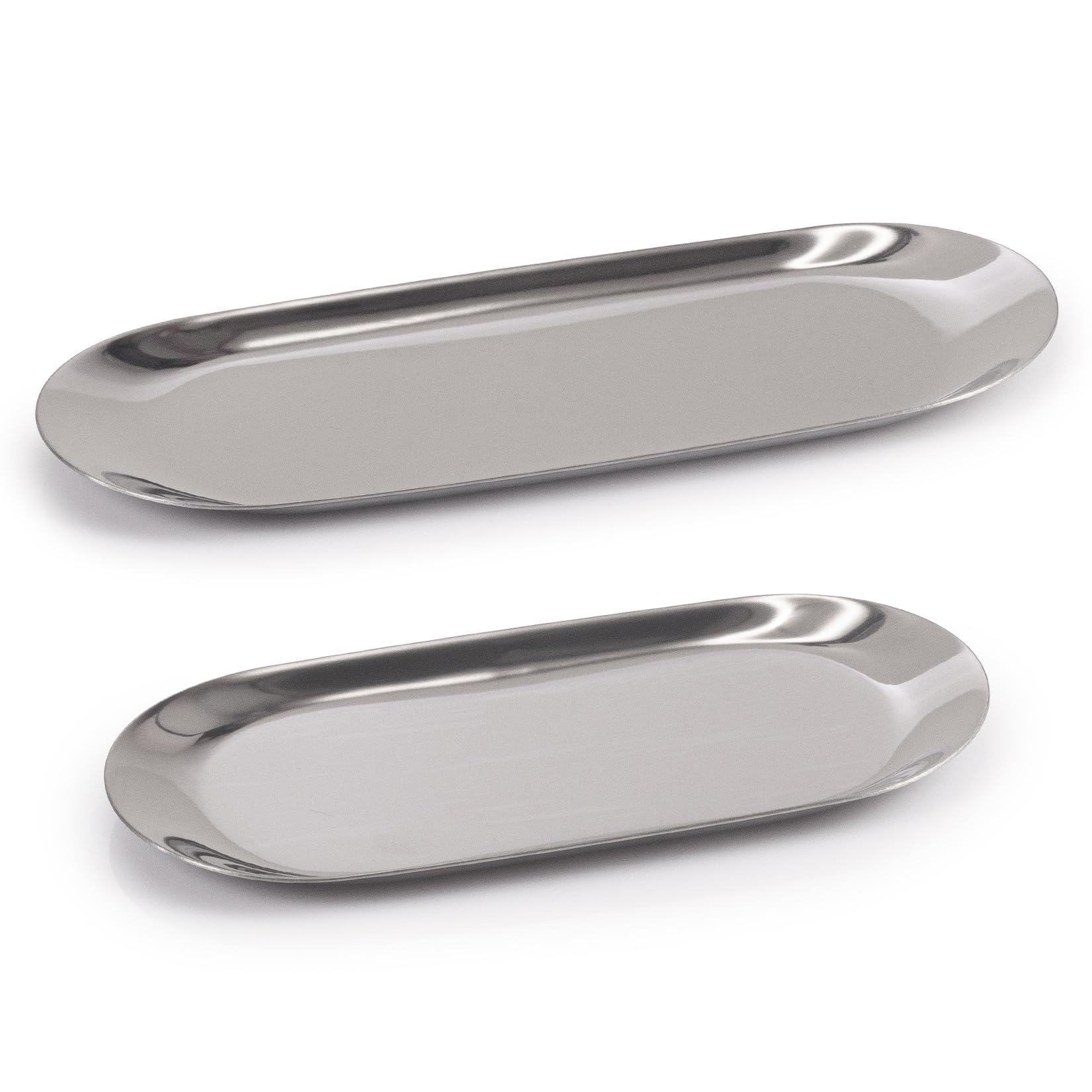 EHC Decorative Vanity Tray Set of 2, Trinket Serving Trays, Small Stainless Steel Oval Ornaments Plates for Jewellery Candle Key Cosmetics Dish Plate Bedroom Bathroom, Silver
