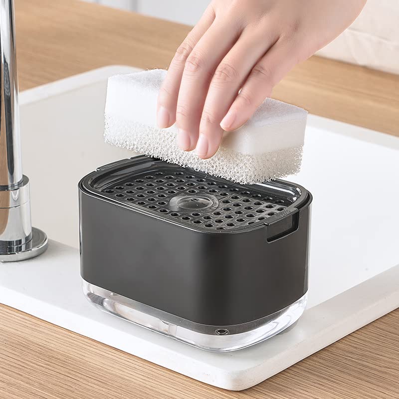 Image of Kitchen Dish Soap Dispenser with Sponge Holder, 2-in-1 Countertop Soap Pump Dispenser, Soap Dispenser for Kitchen Sink with 2-Packs Wire Dishwashing Rag,Black